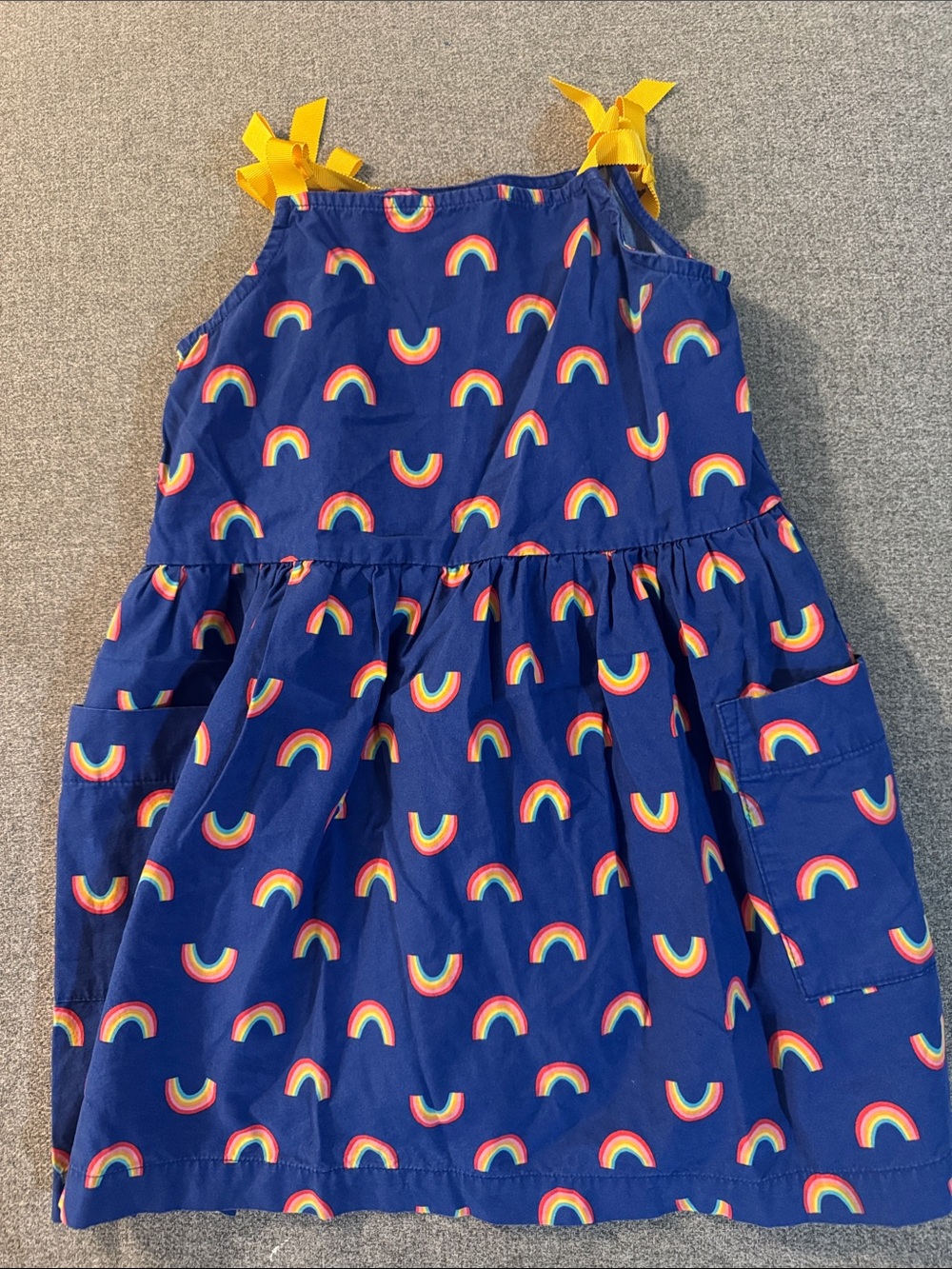 3/$15- Girls Navy Rainbow Print Sundress with Yellow Tie Straps